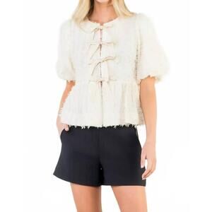 NEW MINT EXCLUSIVES freya fringed front tie puff sleeve top in beige